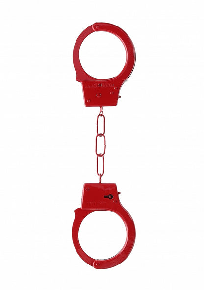 Beginner's Metal Handcuffs by Shots Toys in purple, pink, red, or silver with quick-release button and secure locking mechanism.
Beginner's Metal Handcuffs, colorful handcuffs, purple handcuffs, pink handcuffs, red handcuffs, silver handcuffs, quick-release handcuffs, bondage handcuffs, beginner bondage gear, metal handcuffs, playful restraint cuffs.