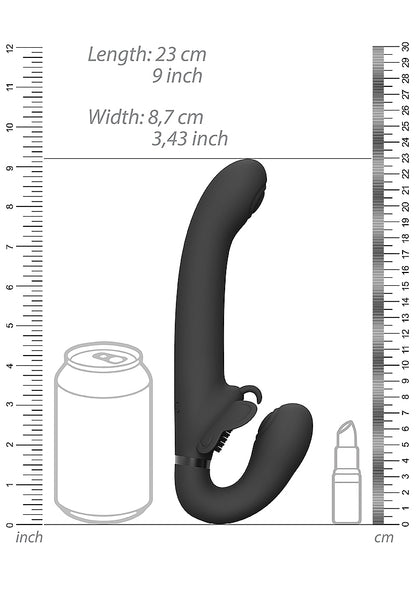 Image of the SATU strapless strap-on in black, featuring a sleek design, three motors for clitoral, G-spot, and partner stimulation, and a USB magnetic charger.

