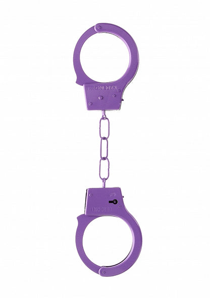 Beginner's Metal Handcuffs by Shots Toys in purple, pink, red, or silver with quick-release button and secure locking mechanism.
Beginner's Metal Handcuffs, colorful handcuffs, purple handcuffs, pink handcuffs, red handcuffs, silver handcuffs, quick-release handcuffs, bondage handcuffs, beginner bondage gear, metal handcuffs, playful restraint cuffs.