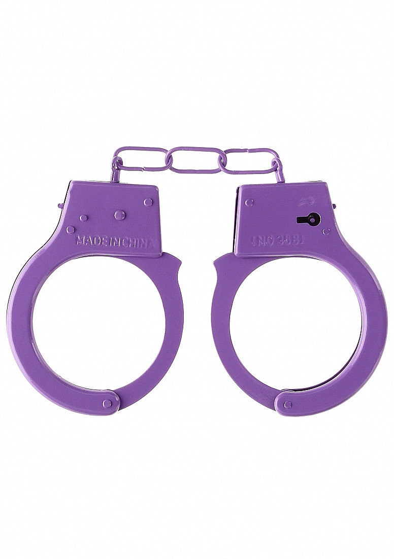 Beginner's Metal Handcuffs by Shots Toys in purple, pink, red, or silver with quick-release button and secure locking mechanism.
Beginner's Metal Handcuffs, colorful handcuffs, purple handcuffs, pink handcuffs, red handcuffs, silver handcuffs, quick-release handcuffs, bondage handcuffs, beginner bondage gear, metal handcuffs, playful restraint cuffs.