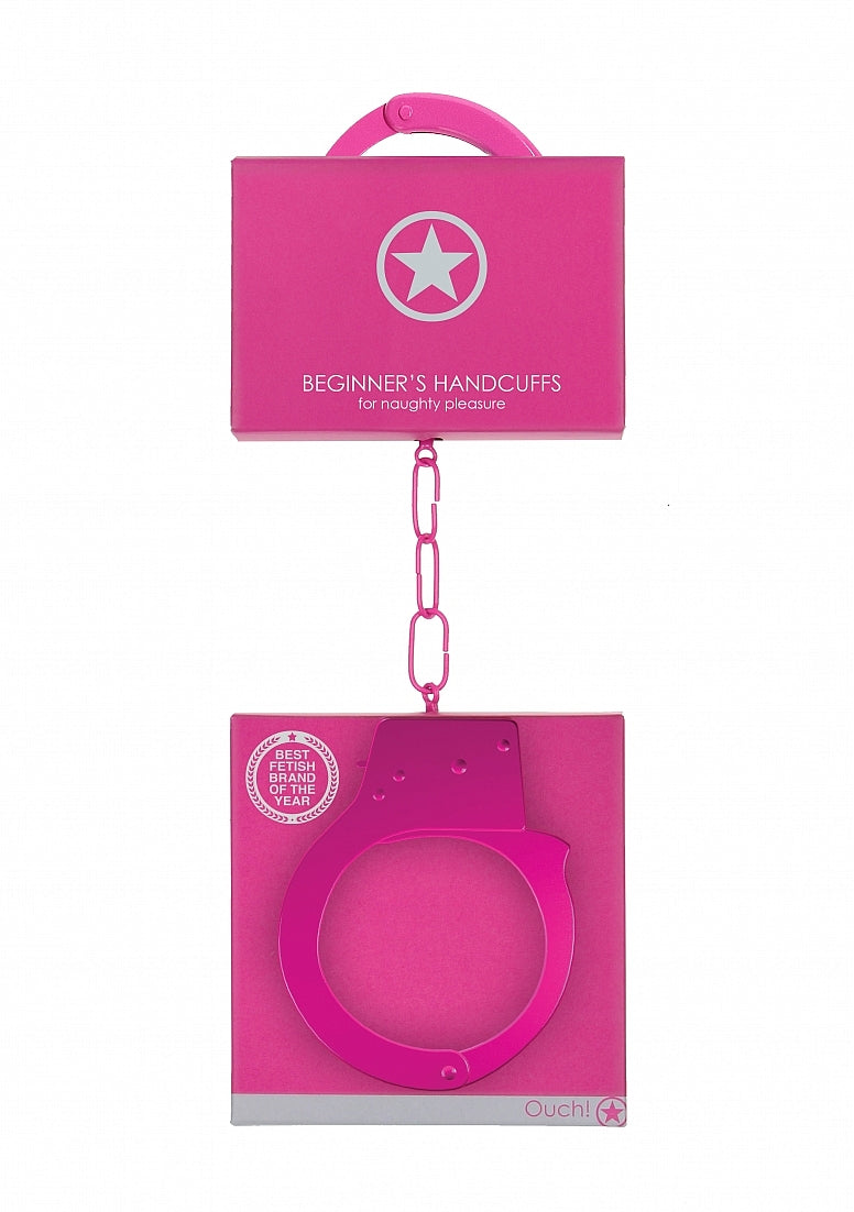 Beginner's Metal Handcuffs by Shots Toys in purple, pink, red, or silver with quick-release button and secure locking mechanism.
Beginner's Metal Handcuffs, colorful handcuffs, purple handcuffs, pink handcuffs, red handcuffs, silver handcuffs, quick-release handcuffs, bondage handcuffs, beginner bondage gear, metal handcuffs, playful restraint cuffs.