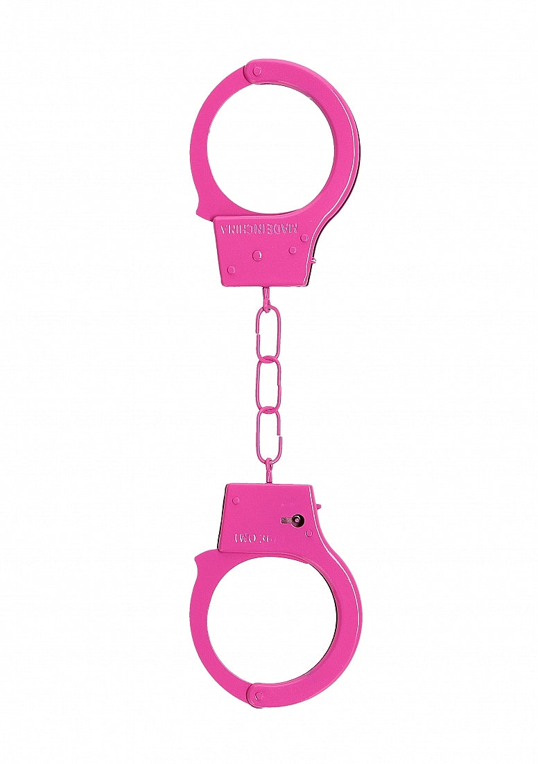 Beginner's Metal Handcuffs by Shots Toys in purple, pink, red, or silver with quick-release button and secure locking mechanism.
Beginner's Metal Handcuffs, colorful handcuffs, purple handcuffs, pink handcuffs, red handcuffs, silver handcuffs, quick-release handcuffs, bondage handcuffs, beginner bondage gear, metal handcuffs, playful restraint cuffs.