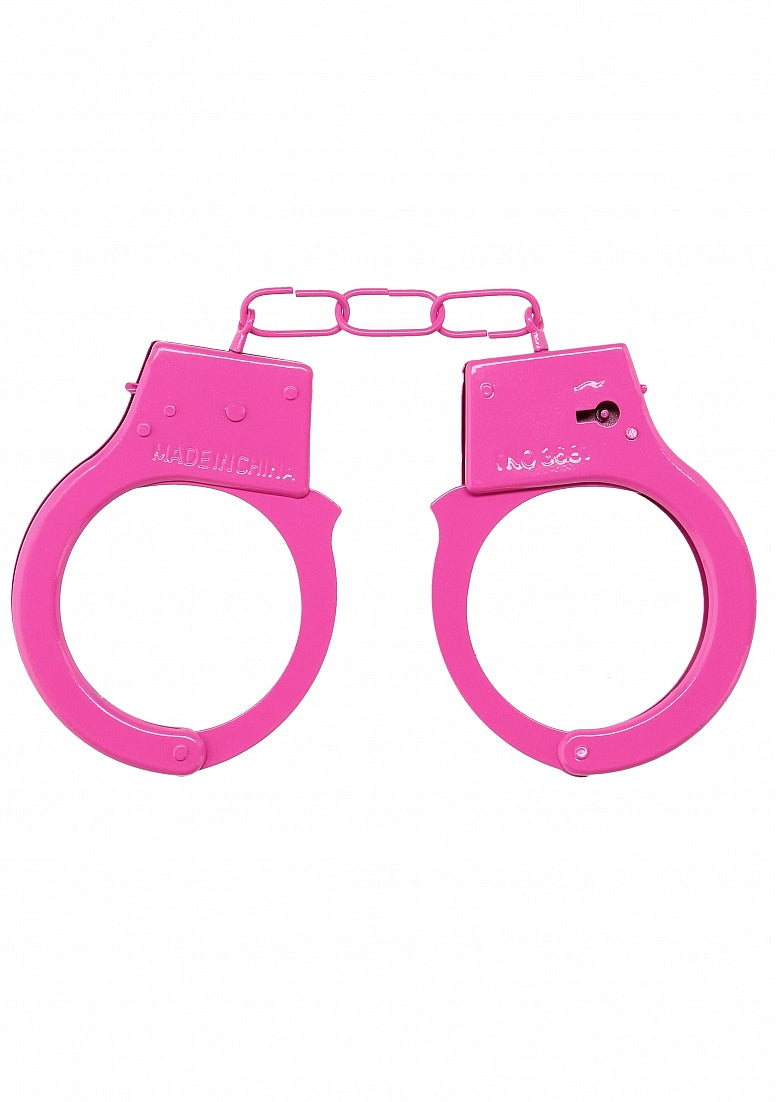 Beginner's Metal Handcuffs by Shots Toys in purple, pink, red, or silver with quick-release button and secure locking mechanism.
Beginner's Metal Handcuffs, colorful handcuffs, purple handcuffs, pink handcuffs, red handcuffs, silver handcuffs, quick-release handcuffs, bondage handcuffs, beginner bondage gear, metal handcuffs, playful restraint cuffs.