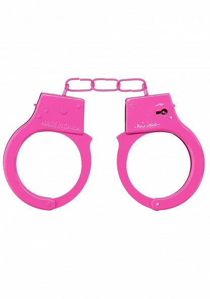 Beginner's Metal Handcuffs by Shots Toys in purple, pink, red, or silver with quick-release button and secure locking mechanism.
Beginner's Metal Handcuffs, colorful handcuffs, purple handcuffs, pink handcuffs, red handcuffs, silver handcuffs, quick-release handcuffs, bondage handcuffs, beginner bondage gear, metal handcuffs, playful restraint cuffs.