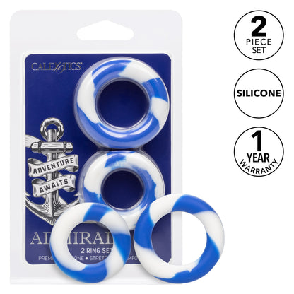 Admiral® 2 Ring Set with premium silicone, blue and white design, seamless fit, and waterproof durability.

Keywords: silicone enhancer rings, stretchy cock rings, stamina rings, performance booster rings, waterproof cock rings, phthalate-free rings, body-safe silicone rings, blue and white cock rings, pleasure-enhancing rings.