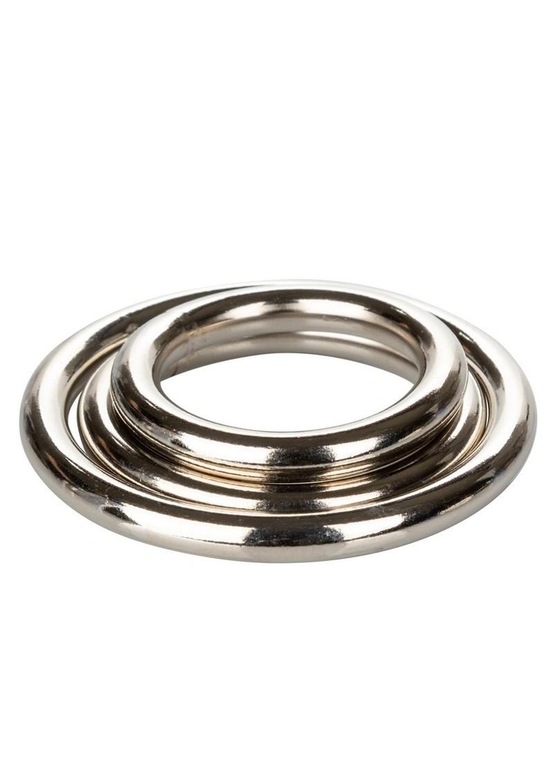 Silver Cock Rings - Metal/Silver - 3 Piece Set
Silver Ring 3-Piece Set of solid steel cock rings, small (1.25"), medium (1.5"), large (2"), enhances erections, doubles as strap-on harness replacements, phthalate-free.

metal cock rings, solid steel cock rings, strap-on harness replacement rings, erection enhancer, advanced sex toy, body-safe metal rings, waterproof cock rings, phthalate-free pleasure rings.