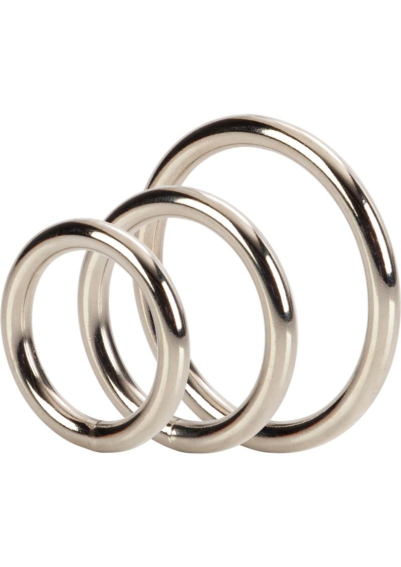 Silver Cock Rings - Metal/Silver - 3 Piece Set
Silver Ring 3-Piece Set of solid steel cock rings, small (1.25"), medium (1.5"), large (2"), enhances erections, doubles as strap-on harness replacements, phthalate-free.

metal cock rings, solid steel cock rings, strap-on harness replacement rings, erection enhancer, advanced sex toy, body-safe metal rings, waterproof cock rings, phthalate-free pleasure rings.