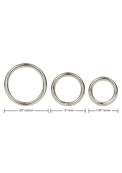 Silver Cock Rings - Metal/Silver - 3 Piece Set
Silver Ring 3-Piece Set of solid steel cock rings, small (1.25"), medium (1.5"), large (2"), enhances erections, doubles as strap-on harness replacements, phthalate-free.

metal cock rings, solid steel cock rings, strap-on harness replacement rings, erection enhancer, advanced sex toy, body-safe metal rings, waterproof cock rings, phthalate-free pleasure rings.