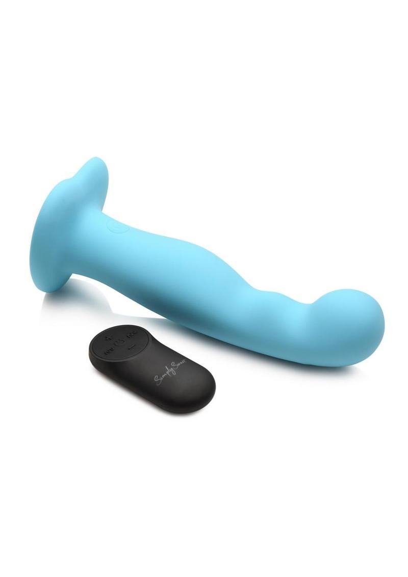 Simply Sweet 21x Vibrating Thick Rechargeable Silicone Dildo with Remote - Teal Blue curved silicone dildo with double bumps, vibrations, remote control, harness-compatible suction base, waterproof, body-safe. Keywords: blue silicone dildo, vibrating curved dildo, G-spot vibrator, P-spot stimulation dildo, harness-compat