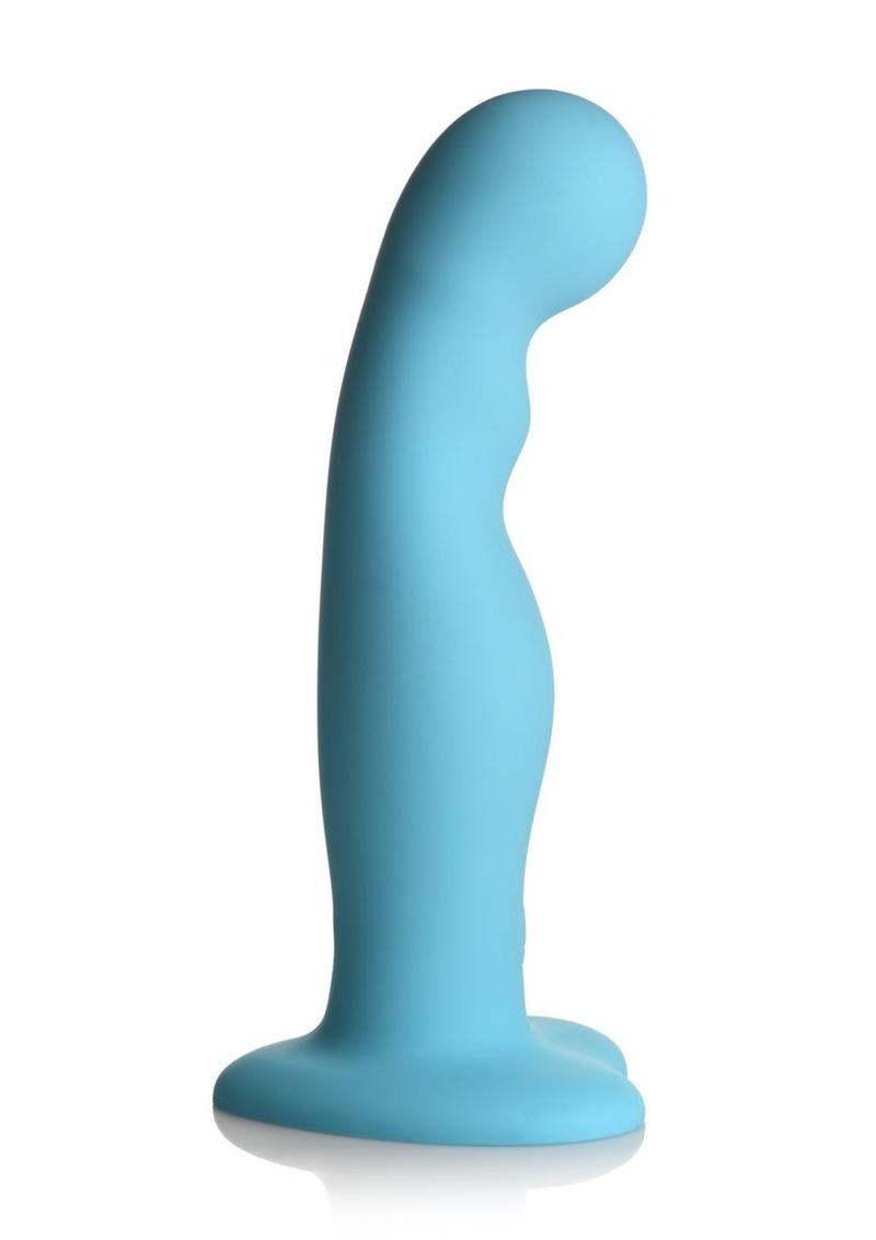 Simply Sweet 21x Vibrating Thick Rechargeable Silicone Dildo with Remote - Teal Blue curved silicone dildo with double bumps, vibrations, remote control, harness-compatible suction base, waterproof, body-safe. Keywords: blue silicone dildo, vibrating curved dildo, G-spot vibrator, P-spot stimulation dildo, harness-compat