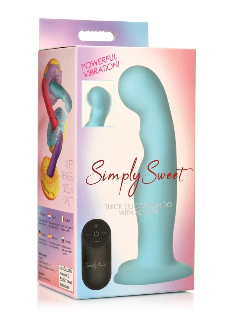 Simply Sweet 21x Vibrating Thick Rechargeable Silicone Dildo with Remote - Teal Blue curved silicone dildo with double bumps, vibrations, remote control, harness-compatible suction base, waterproof, body-safe. Keywords: blue silicone dildo, vibrating curved dildo, G-spot vibrator, P-spot stimulation dildo, harness-compat