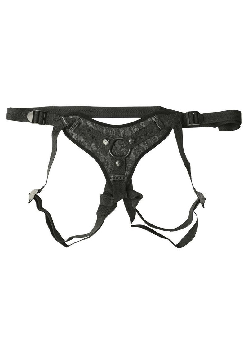 faux leather lace strap-on, adjustable harness for 60-inch hips, 1.5-inch O-ring strap-on, elegant strap-on harness, lace strap-on for flared-base dildos, jock-style strap-on, sophisticated strap-on harness, machine washable strap-on, Sportsheets lace strap-on