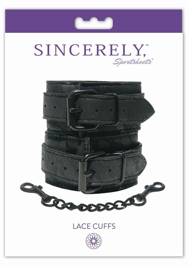 Sportsheets Midnight Lace Cuffs, elegant lace restraint cuffs, floral lace BDSM cuffs, black metal buckles cuffs, nickel-free D-rings cuffs, 12-inch chain restraint, luxurious BDSM cuffs, beginner BDSM restraints, sophisticated bondage cuffs, lace handcuffs for couples, durable lace cuffs, BDSM accessories with lace, stylish restraint cuffs, versatile bondage cuffs, romantic BDSM tools, lace and metal cuffs, Sportsheets lace restraints, high-end BDSM cuffs, secure floral lace cuffs, black chain restraints, 