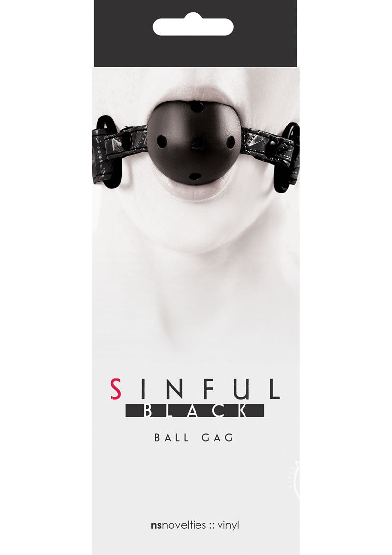 Sinful Ball Gag - Black adjustable ball gag, ventilated ball gag, midnight black ball gag, neoprene-lined strap gag, nickel-free bondage gag, liquid-play-friendly gag, BDSM ball gag accessory