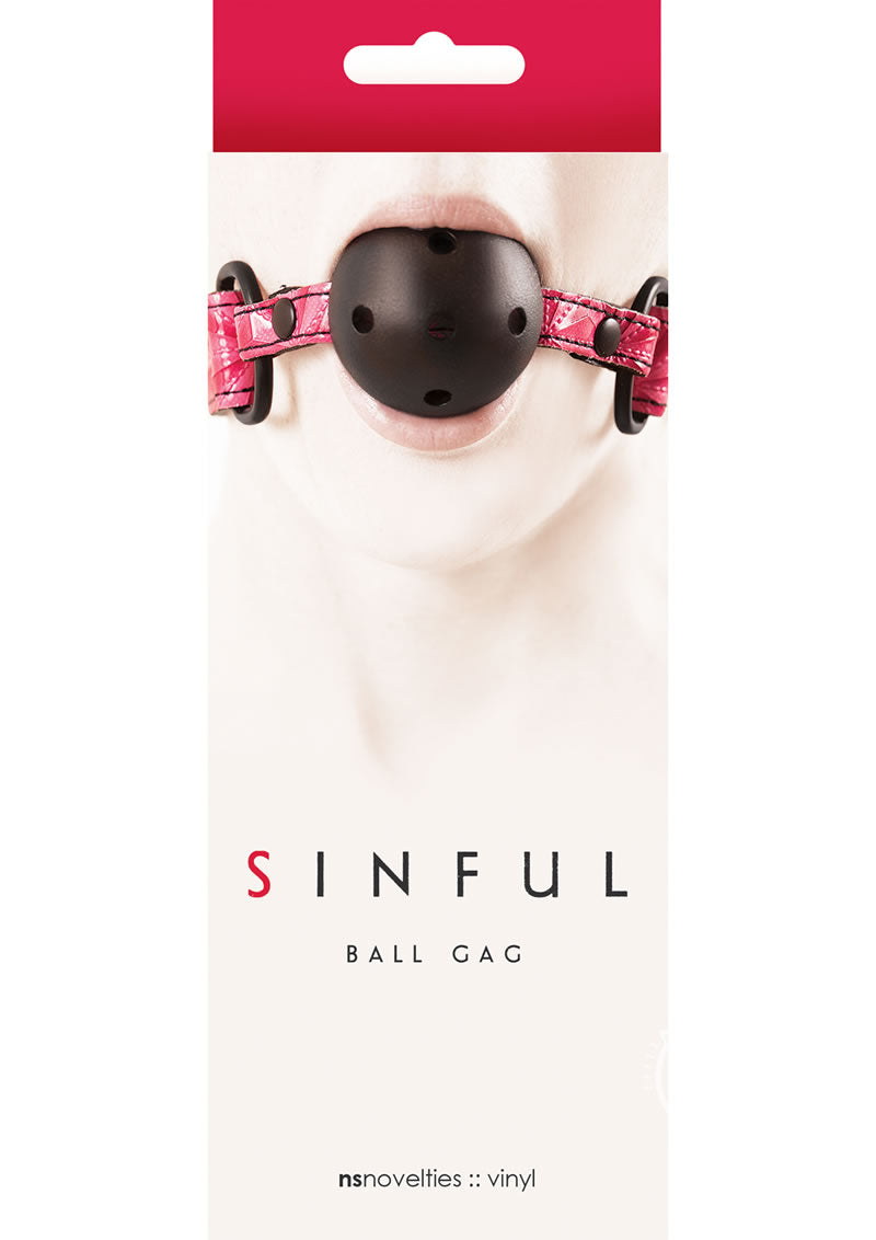 Sinful Ball Gag - Pink Midnight Black Adjustable Ball Gag with ventilated ABS plastic ball, soft neoprene lining, and nickel-free anodized hardware for stylish bondage play.