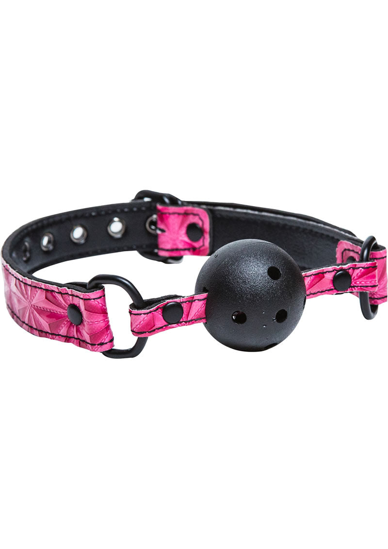 Sinful Ball Gag - Pink Midnight Black Adjustable Ball Gag with ventilated ABS plastic ball, soft neoprene lining, and nickel-free anodized hardware for stylish bondage play.