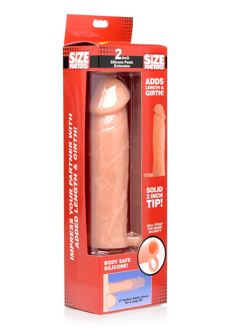 Size Matters Penis Extender Sleeve Silicone - Flesh/Vanilla - 2in  Vanilla silicone penis extender with 2-inch extension, lifelike veins, and scrotum ring for enhanced length, girth, and secure stimulation.

silicone penis extension, Size Matters penis extender, 2-inch penis sleeve, realistic penis extension, lifelike veins extension, girth and length enhancer, scrotum ring extender, vanilla penis enhancer, phthalate-free silicone sleeve, waterproof penis extender