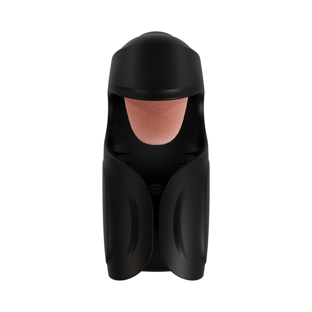 A sleek black penis stimulator with 10 tongue-teasing modes, pulsating shaft stimulation, and a ribbed taco wrap design. USB rechargeable and crafted from body-safe silicone. Keywords: vibrating penis stimulator, M For Men Lickety Split, tongue-teasing toy, pulsating vibration, ribbed wrap design, USB rechargeable stimulator, body-safe silicone, edging toy, male vibrator, black penis stimulator, customizable stimulation