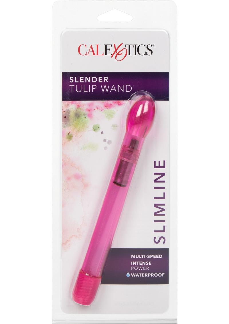 Slender Tulip Wand Vibrator - Pink CalExotics Slender Tulip Wand™, slim 6.75-inch waterproof vibrator, tulip-shaped tip, multi-speed vibrations, body-safe ABS, available in Pink, Blue, or Purple.

slim waterproof vibrator, tulip-shaped vibrator, clitoral and internal stimulation, multi-speed wand, body-safe ABS vibrator, discreet travel vibrator, portable sex toy, waterproof slim vibe.