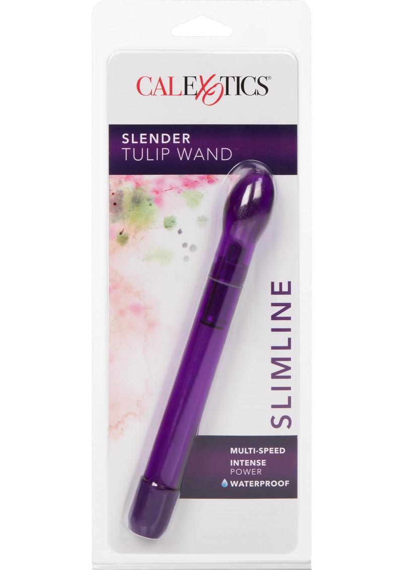 CalExotics Slender Tulip Wand™, slim 6.75-inch waterproof vibrator, tulip-shaped tip, multi-speed vibrations, body-safe ABS, available in Pink, Blue, or Purple.

slim waterproof vibrator, tulip-shaped vibrator, clitoral and internal stimulation, multi-speed wand, body-safe ABS vibrator, discreet travel vibrator, portable sex toy, waterproof slim vibe.