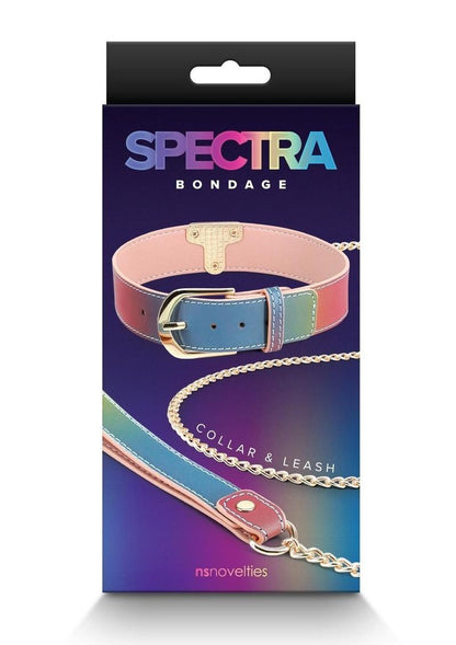 Rainbow BDSM collar and leash set with adjustable faux leather collar and gold chain leash.

Keywords: Spectra Bondage Collar and Leash Rainbow, rainbow BDSM collar and leash, colorful bondage set, faux leather collar, NS Novelties leash set, adjustable BDSM collar, stylish bondage accessories, vibrant fetish restraints, kinky collar and leash set, rainbow bondage gear.