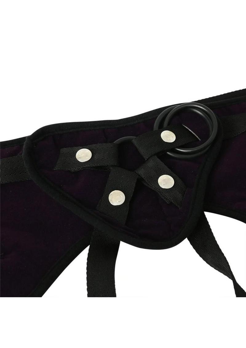 Sportsheets Plus Size Beginner's Purple Strap-On Harness with plush fabric, adjustable straps, and interchangeable O-rings for plus-size comfort and pleasure.

Plus Size Purple Strap-On, adjustable strap-on for 72-inch hips, flared-base dildo harness, beginner-friendly strap-on, 4-way adjustable harness, machine washable strap-on, luxurious plus-size strap-on, Sportsheets Curvy Collection strap-on, US sizes 12–30 strap-on harness, purple strap-on for beginners