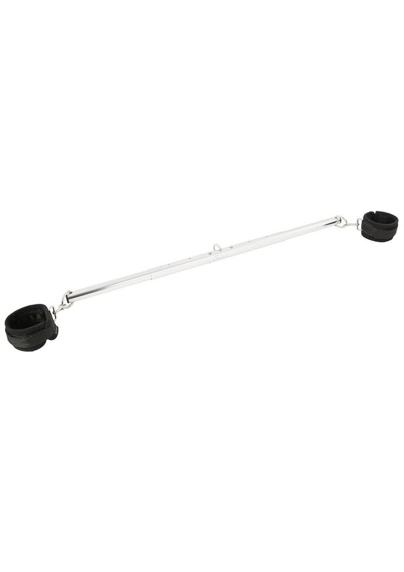 Sportsheets Expandable Spreader Bar and Cuffs - Black/Silver - Set Expandable spreader bar with soft neoprene cuffs, adjustable from 29 to 37 inches, designed for secure and versatile BDSM restraint play.