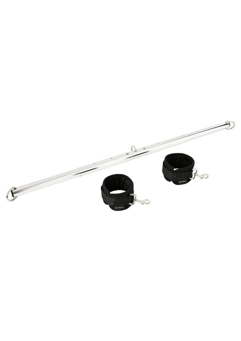 Sportsheets Expandable Spreader Bar and Cuffs - Black/Silver - Set Expandable spreader bar with soft neoprene cuffs, adjustable from 29 to 37 inches, designed for secure and versatile BDSM restraint play.