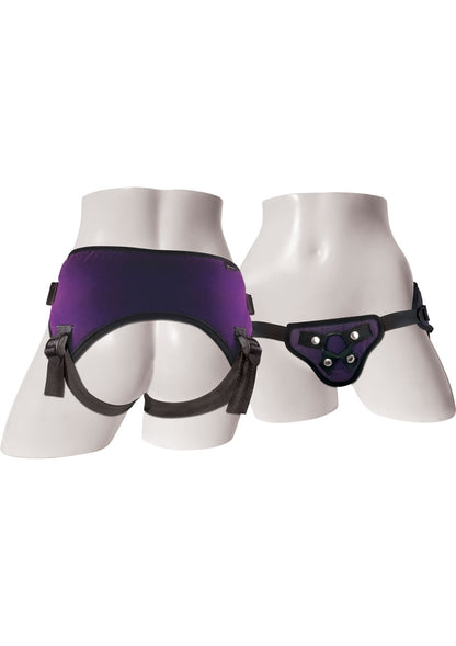 Sportsheets Lush Strap-On Harness - Black/Purple adjustable strap-on harness, flared base dildo harness, interchangeable O-ring harness, bullet vibrator channel harness, machine washable strap-on, velvety strap-on harness, strap-on for 60-inch hips, purple strap-on harness