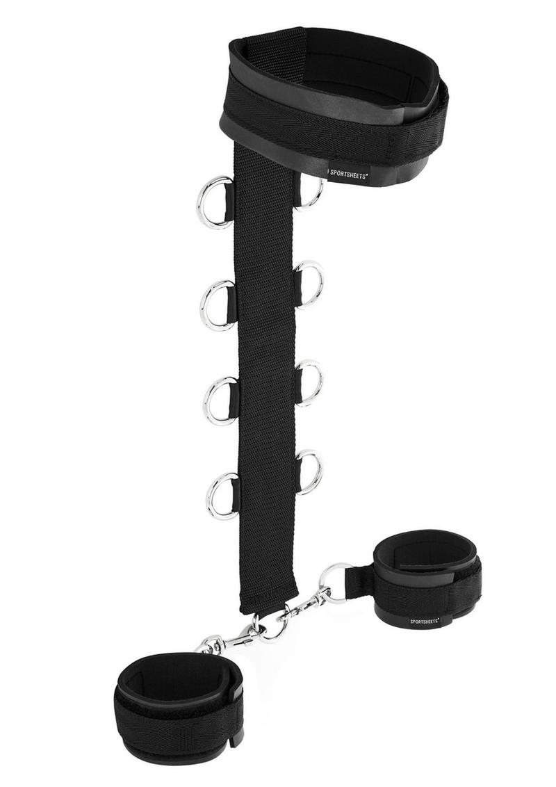 Sportsheets Neck & Wrist Restraint with neoprene collar, nylon strap, 4 D-rings on each side, and adjustable neoprene cuffs for versatile bondage play.