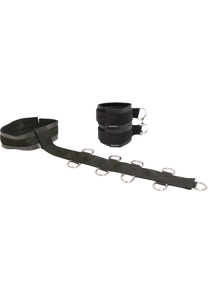 Sportsheets Neck and Wrist Restraint - Black Sportsheets Neck & Wrist Restraint with neoprene collar, nylon strap, 4 D-rings on each side, and adjustable neoprene cuffs for versatile bondage play.