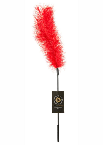 Ostrich Feather Tickler, genuine feather tickler, 16-inch tickler wand, teasing foreplay tool, roleplay feather tickler, French maid accessories, red feather tickler, black feather tickler, purple feather tickler, sensual tickler for couples, elegant BDSM tickler, lingerie accessory tickler, Sportsheets tickler, intimate teasing tool, durable feather tickler, flirty foreplay tickler, luxury feather tickler, sexy games tickler, lightweight teasing wand, playful foreplay accessory, bedroom tickler tool