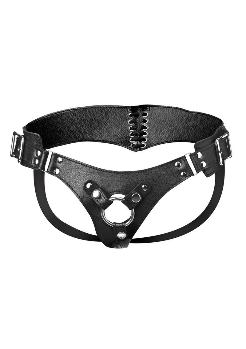 Bodice Corset Style Strap-On Harness with vegan leatherette material, adjustable buckles, and a corset-style back for a flattering, seductive look.

corset-style strap-on harness, vegan leatherette strap-on, adjustable strap-on harness, seductive heart-shaped strap-on, 43-inch strap-on harness, metal O-ring strap-on, strap-on for dildos up to 1.65 inches, black corset strap-on, stylish strap-on harness.