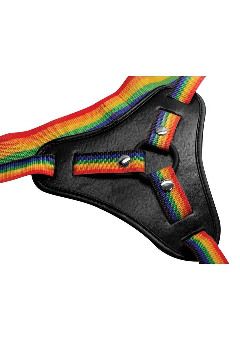 Strap U Take The Rainbow Universal Harness - Multicolor/Rainbow Rainbow Universal Harness with adjustable straps, padded front, silicone O-rings, and wide back strap for support. Perfect for pegging and strap-on play.

rainbow strap-on harness, pegging harness, universal harness, adjustable strap-on, padded strap-on harness, silicone O-ring harness, pride strap-on, heavy dildo support harness, rainbow nylon harness, strap-on for pegging.