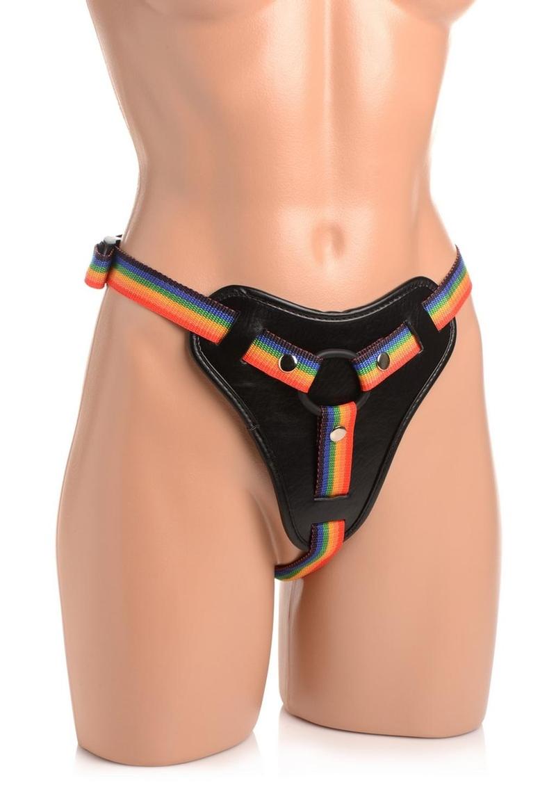 Strap U Take The Rainbow Universal Harness - Multicolor/Rainbow Rainbow Universal Harness with adjustable straps, padded front, silicone O-rings, and wide back strap for support. Perfect for pegging and strap-on play.

rainbow strap-on harness, pegging harness, universal harness, adjustable strap-on, padded strap-on harness, silicone O-ring harness, pride strap-on, heavy dildo support harness, rainbow nylon harness, strap-on for pegging.