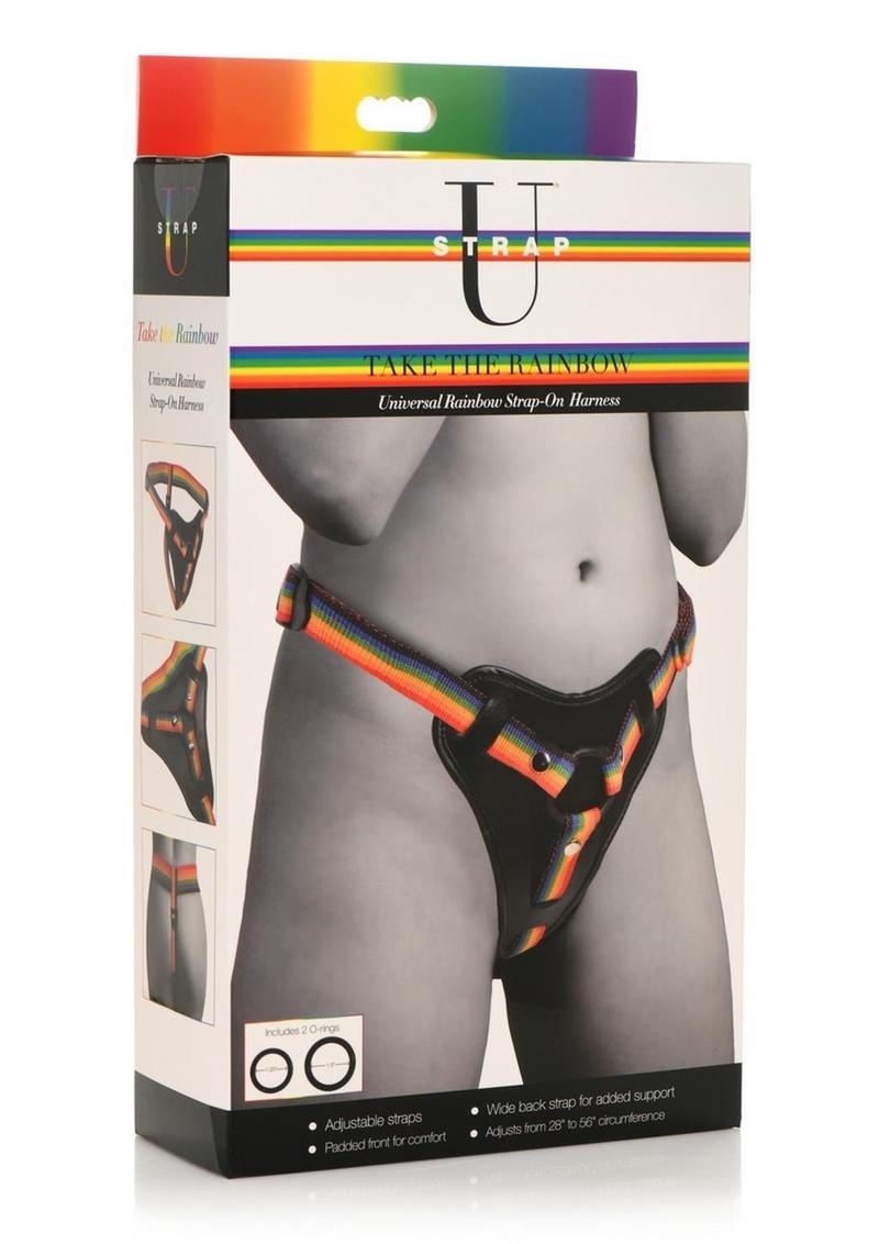 Rainbow Universal Harness with adjustable straps, padded front, silicone O-rings, and wide back strap for support. Perfect for pegging and strap-on play.

rainbow strap-on harness, pegging harness, universal harness, adjustable strap-on, padded strap-on harness, silicone O-ring harness, pride strap-on, heavy dildo support harness, rainbow nylon harness, strap-on for pegging.