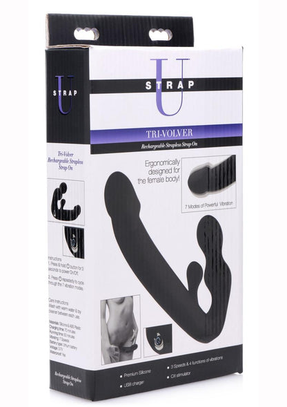 Strap U Tri-Volver Rechargeable Silicone Strapless Strap-On - Black Tri-Volver double-sided vibrating strapless strap-on, silicone, dual motors, 7 vibration modes, waterproof, USB rechargeable, shared pleasure.

vibrating strapless strap-on, double-ended dildo, dual-motor strap-on, waterproof strap-on, shared pleasure strap-on, body-safe silicone strap-on, USB rechargeable strap-on, strap-free vibrating toy, partner penetration toy, vibrating double dildo.