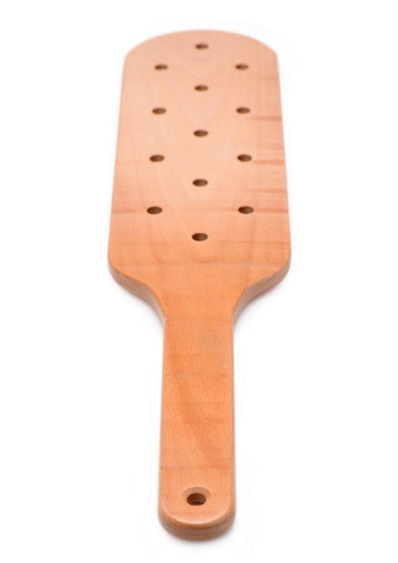 Wooden paddle made of solid beech wood with aerodynamic holes, designed for impact play in BDSM scenes.

