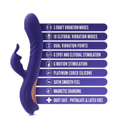 Blue rabbit vibrator with come-hither motion, G-spot stimulation, and dual vibration modes for clitoral and internal pleasure.
Keywords: rabbit vibrator, G-spot massager, come-hither motion, dual vibration modes, clitoral stimulator, silicone vibrator, magnetic USB charging, splashproof vibrator, 8.75-inch vibrator, smooth silicone, body-safe, IPX6 waterproof