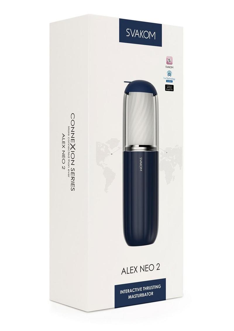 Alex Neo 2 Interactive Thrusting Masturbator, app-controlled, 7 thrusting modes, textured TPE sleeve, rechargeable, interactive adult content compatible.