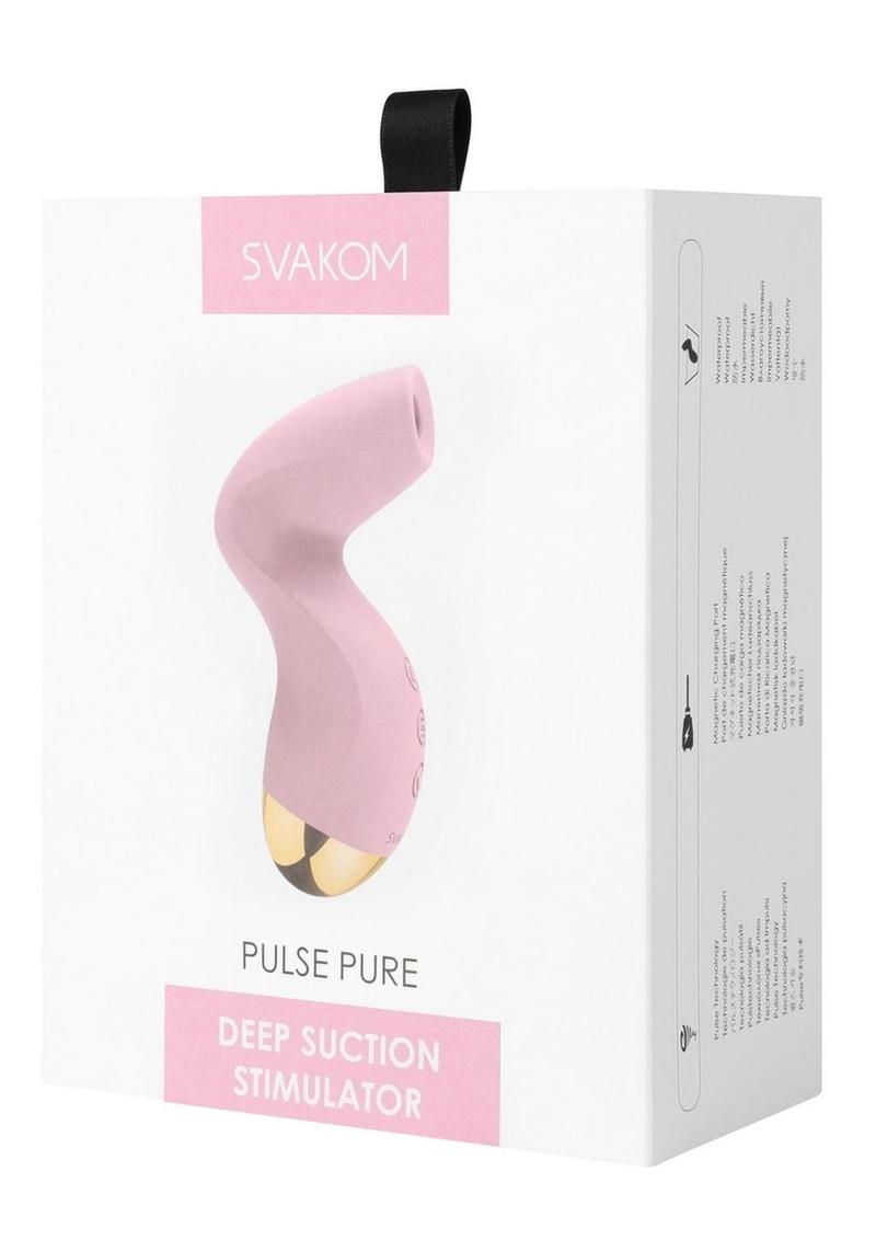 Packaging of the SVAKOM Pulse Pure Deep Suction Stimulator in navy blue and pink, showcasing its sleek design with gold accents and highlighting its deep suction technology for clitoral stimulation.