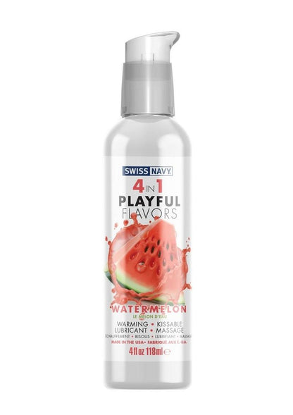 Swiss Navy 4-in-1 Playful Flavors, Watermelon, warming edible water-based lubricant, silky massage gel, paraben-free.

4-in-1 lubricant, watermelon lubricant, warming edible lube, Swiss Navy lube, flavored lubricant, water-based lube, silky massage gel, paraben-free lube, sugar-free lubricant, kissable lubricant.