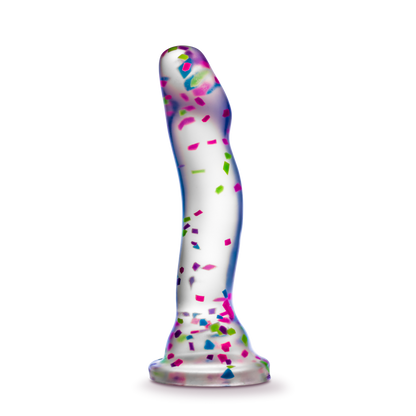 Glow-in-the-dark dildo with neon confetti, crafted from body-safe Purio™ silicone, featuring a curved design, suction base, and playful visual appeal. 
Keywords: glow-in-the-dark dildo, confetti dildo, silicone dildo, suction cup dildo, harness-compatible dildo, body-safe dildo, Purio silicone, G-spot dildo, P-spot dildo, fun adult toy. 