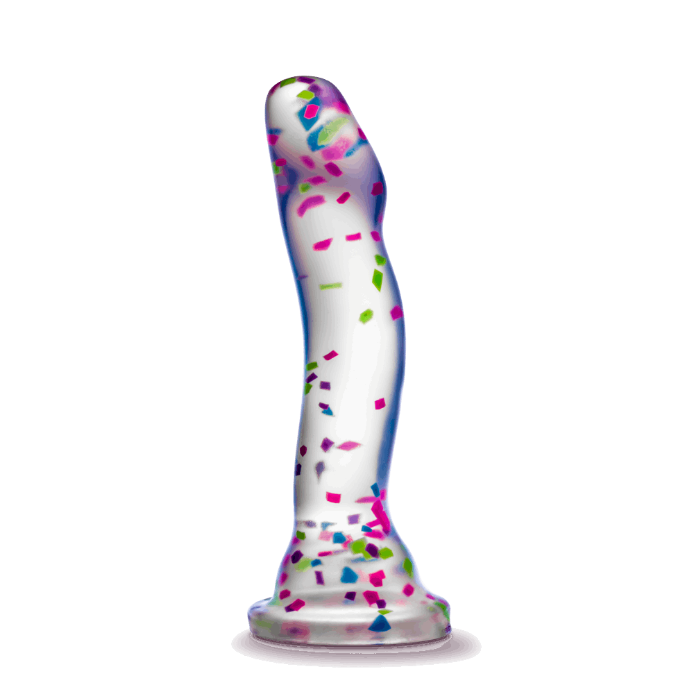 Glow-in-the-dark dildo with neon confetti, crafted from body-safe Purio™ silicone, featuring a curved design, suction base, and playful visual appeal. 
Keywords: glow-in-the-dark dildo, confetti dildo, silicone dildo, suction cup dildo, harness-compatible dildo, body-safe dildo, Purio silicone, G-spot dildo, P-spot dildo, fun adult toy. 