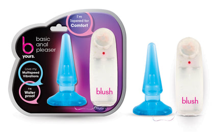 B Yours Basic Pleaser Vibrating Anal Plug, beginner-friendly, adjustable speeds, splashproof, PVC, available in blue and pink.
Keywords: vibrating anal plug, beginner anal toy, adjustable-speed anal plug, remote-control anal plug, waterproof anal plug, non-porous PVC plug, body-safe anal plug, blue vibrating anal plug, pink vibrating anal plug, anal plug for beginners.