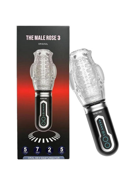 The Male Rose 3 Rechargeable Thrusting Rotating Masturbator - Black/Clear
Male Rose 3 Thrusting, Rotating, Vibrating Masturbator with transparent design and detachable sleeve.

Male Rose 3, thrusting penis masturbator, vibrating male toy, rotating masturbation cup, oral sex simulator, rechargeable male masturbator, transparent masturbator cup, realistic male toy, penis training device, waterproof sleeve masturbator.