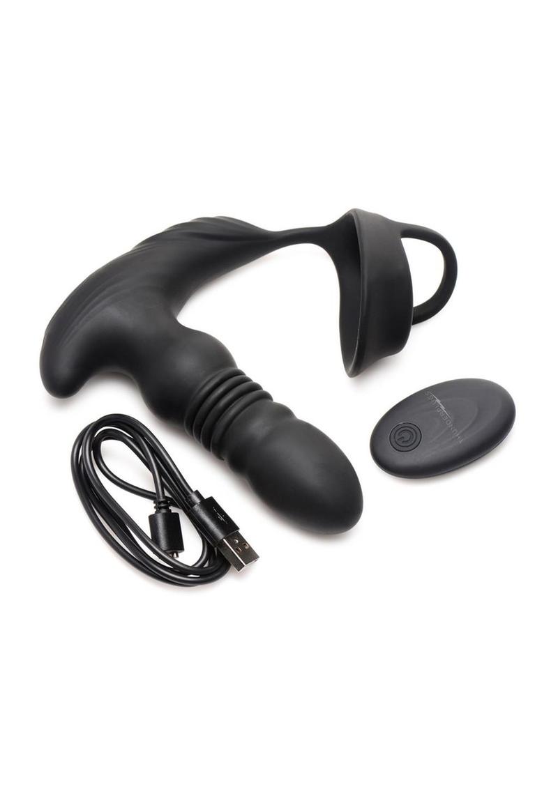 10X Thrusting Silicone Vibrator with Cock & Ball Strap, remote-controlled, black, waterproof, rechargeable, body-safe silicone.

thrusting butt plug, cock ring with vibrator, Thunderplug, anal and cock strap toy, vibrating anal plug, rechargeable anal toy, waterproof vibrator, silicone butt plug, thrusting anal toy, vibrating cock ring.