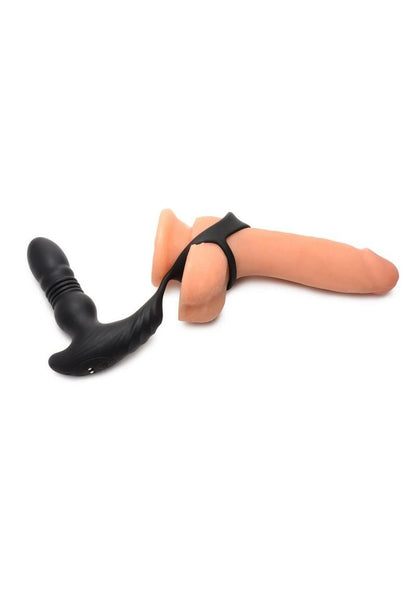 10X Thrusting Silicone Vibrator with Cock & Ball Strap, remote-controlled, black, waterproof, rechargeable, body-safe silicone.

thrusting butt plug, cock ring with vibrator, Thunderplug, anal and cock strap toy, vibrating anal plug, rechargeable anal toy, waterproof vibrator, silicone butt plug, thrusting anal toy, vibrating cock ring.