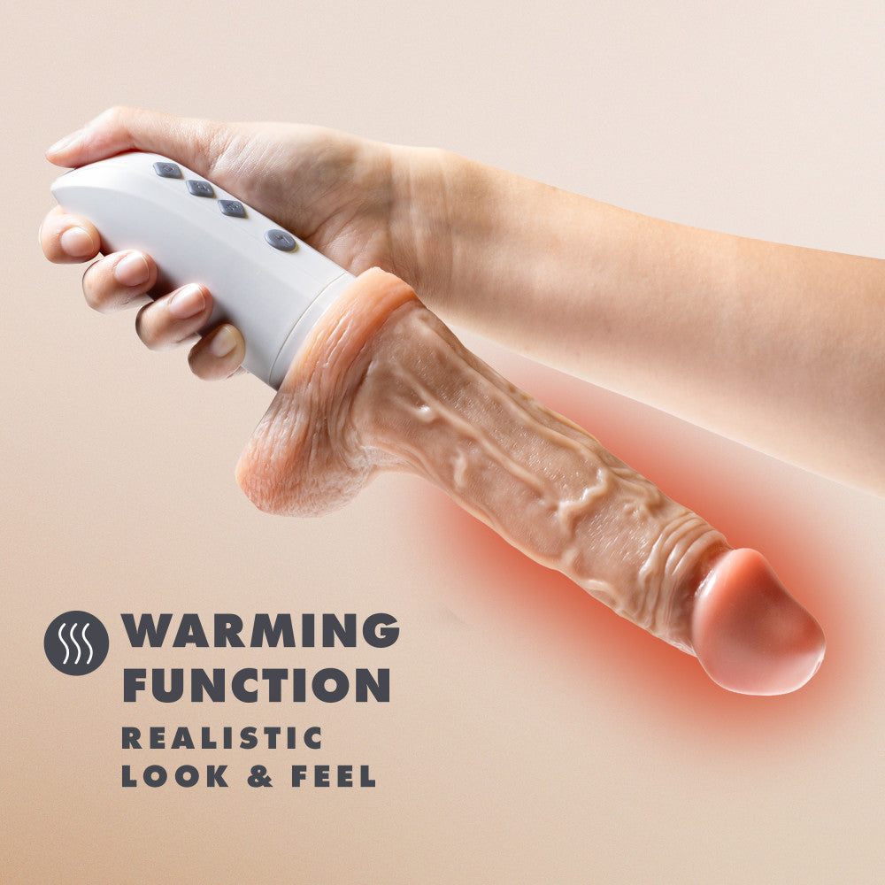 Realistic thrusting and vibrating dildo with remote control, warming feature, and hands-free suction cup base. 
Keywords: realistic dildo, thrusting dildo, vibrating dildo, remote control sex toy, platinum-cured silicone, warming dildo, suction cup dildo, USB rechargeable dildo, 7-inch dildo, body-safe sex toy, advanced stimulation, thrusting and gyrating dildo