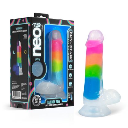 A vibrant glow-in-the-dark rainbow dildo with dual-density silicone, a suction cup base, and lifelike details. Perfect for hands-free or strap-on play. Keywords: Neo Elite Rainbow Rave, glow-in-the-dark dildo, rainbow dildo, Sensa Feel, dual-density silicone, Purio silicone, harness-compatible dildo, suction cup dildo, body-safe silicone, lifelike dildo, beginner-friendly toy 